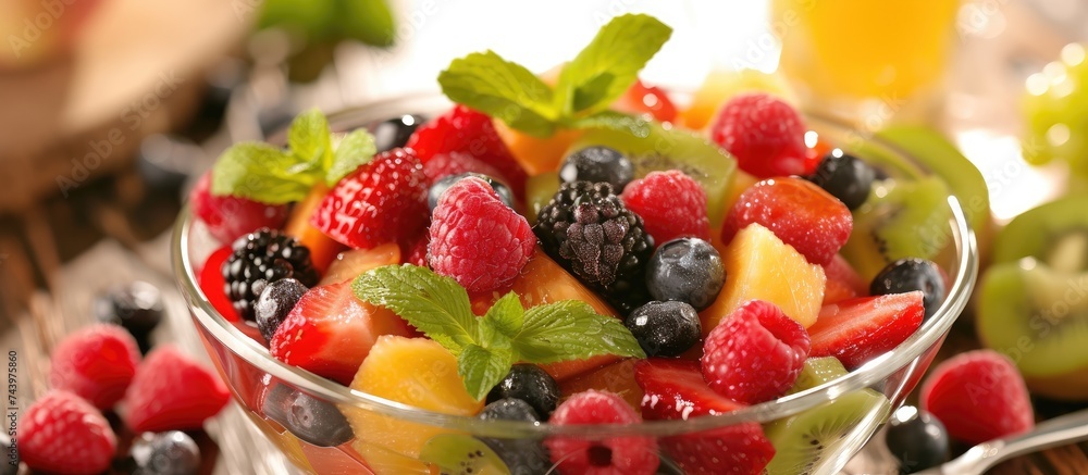 A glass bowl filled with a refreshing and nutritious assortment of fresh fruit sitting on top of a table. A glass bowl filled with a refreshing and nutritious assortment of fresh fruit sitting on top of a table.