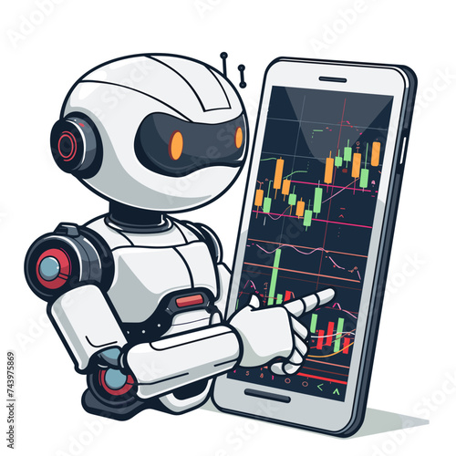 robot trader holding a smartphone with stock market chart. Vector illustration.