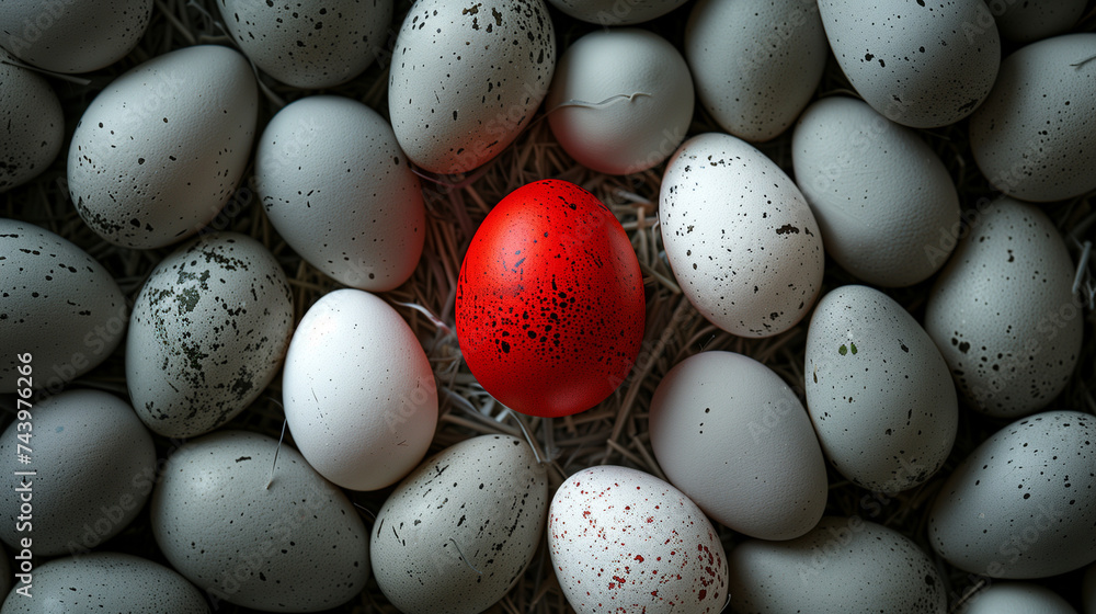 Easter coil eggs one red - obrazy, fototapety, plakaty 