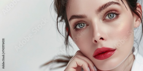 Charming sensual doctor female studio photo with copyspace  big beautiful eyes  tender lips  half body photo  professional studio shoot