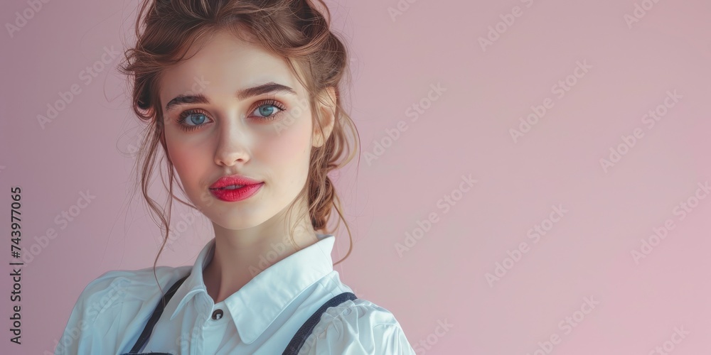 Charming sensual housekeeper female studio photo with copyspace, big beautiful eyes, tender lips, half body photo, professional studio shoot Charming sensual housekeeper female studio photo with copyspace, big beautiful eyes, tender lips, half body photo, professional studio shoot