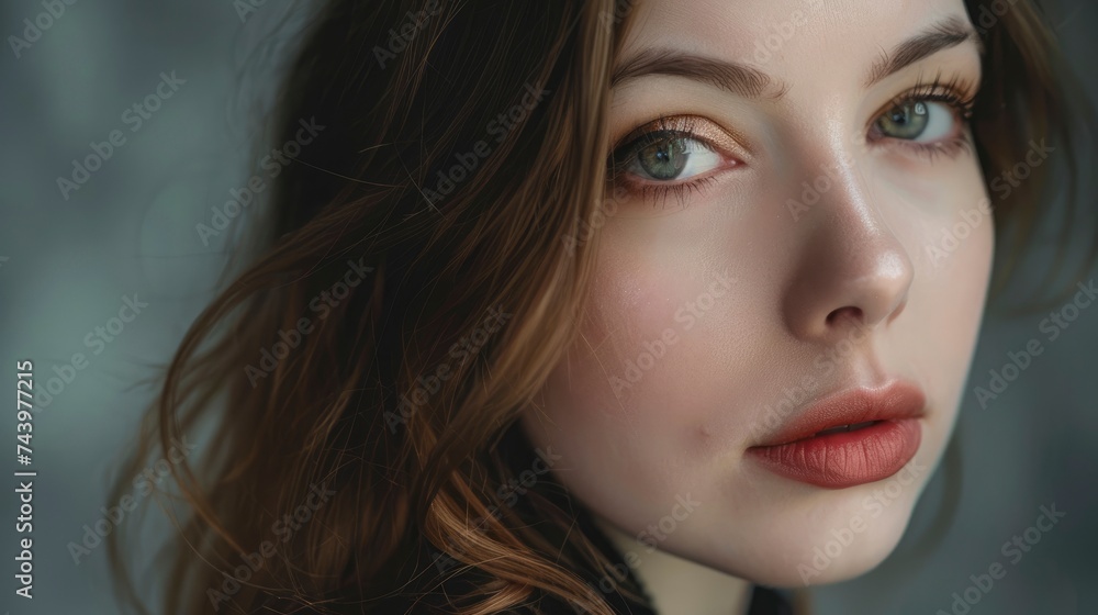 Fototapeta premium Charming sensual make-up artist female studio photo with copyspace, big beautiful eyes, tender lips, half body photo, professional studio shoot