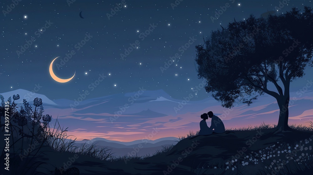 Naklejka premium A couple of Muslim lovers who are enjoying the night on a hill with a beautiful view of the stars, in the month of Ramadan