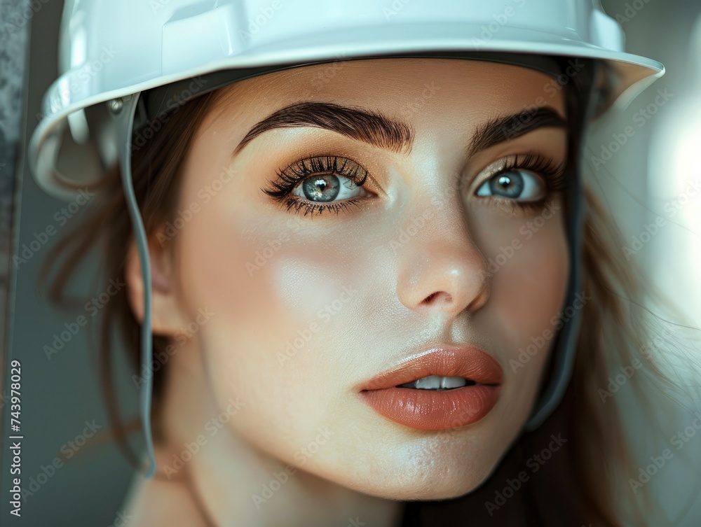 Charming sensual woman in a white construction helmet, beautiful eyes, tender lips, professional portrait photo, studio photo Charming sensual woman in a white construction helmet, beautiful eyes, tender lips, professional portrait photo, studio photo