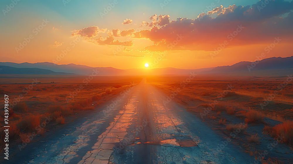  An evocative scene of an open road cutting through a barren desert landscape at sunrise, beckoning adventurers to embark on a journey. - obrazy, fototapety, plakaty 