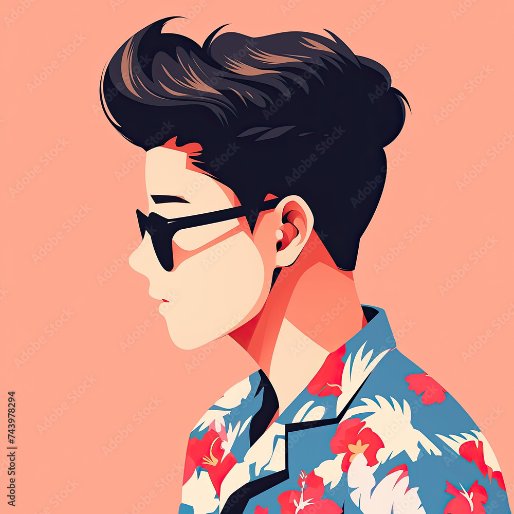 Minimal line illustration profile photo of anime boy wearing tropical ...