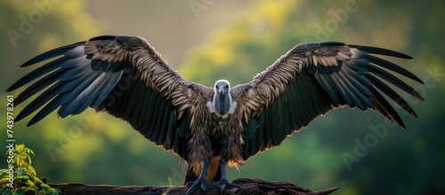 A white-rumped vulture is seen spreading its wings on a branch, air drying its damp plumage in the daylight. The large bird stands out against the sky. photo