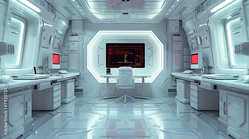 Futuristic control room with sleek desk and chair 

