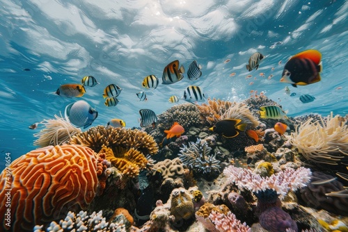 Tropical island of Maldives with underwater life, a view of a tropical island and a view under the sea with fish and corals