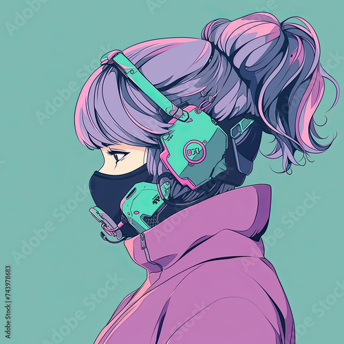 AI Generative of minimal and abstract illustration drawing. Lofi cute and whimsical cyberpunk scifi fantasy character. Anime style with pastel color palette.