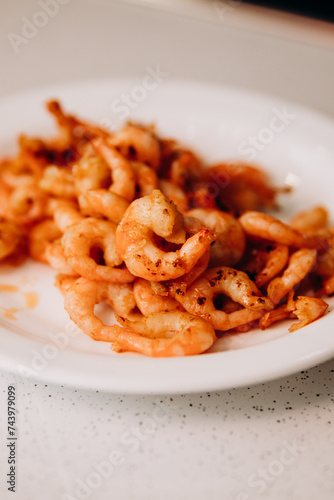 Delicious shrimp and mussels. Seafood on a white plate