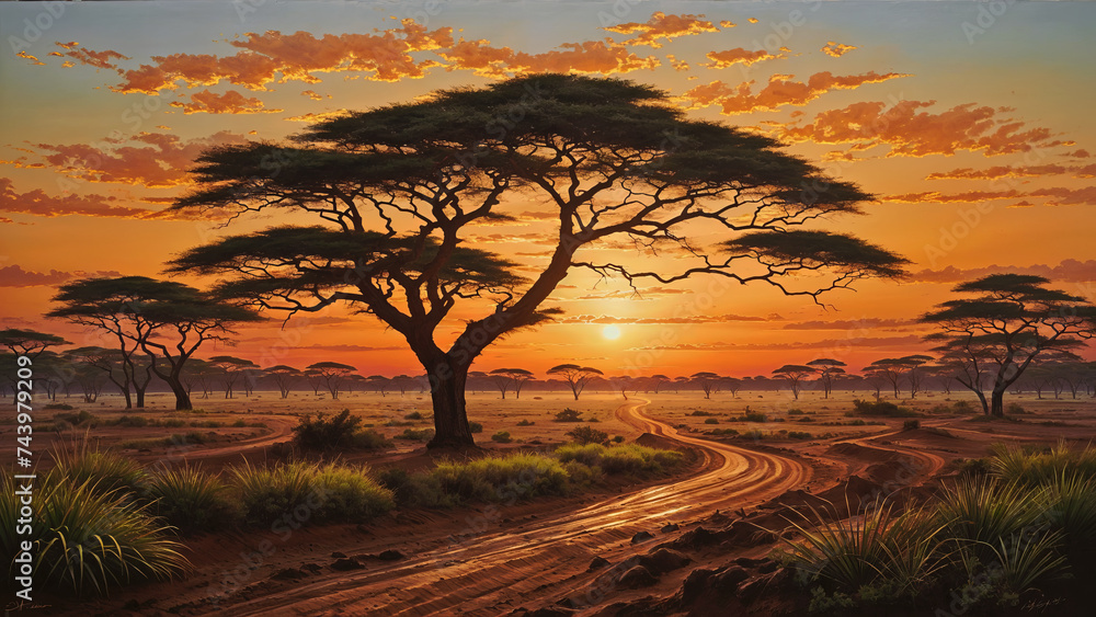 African savannah on the background of the sunset African savannah on the background of the sunset