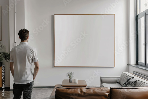 person standing next of mockup frame, frames on the wall, mockup frame, empty frame mock up