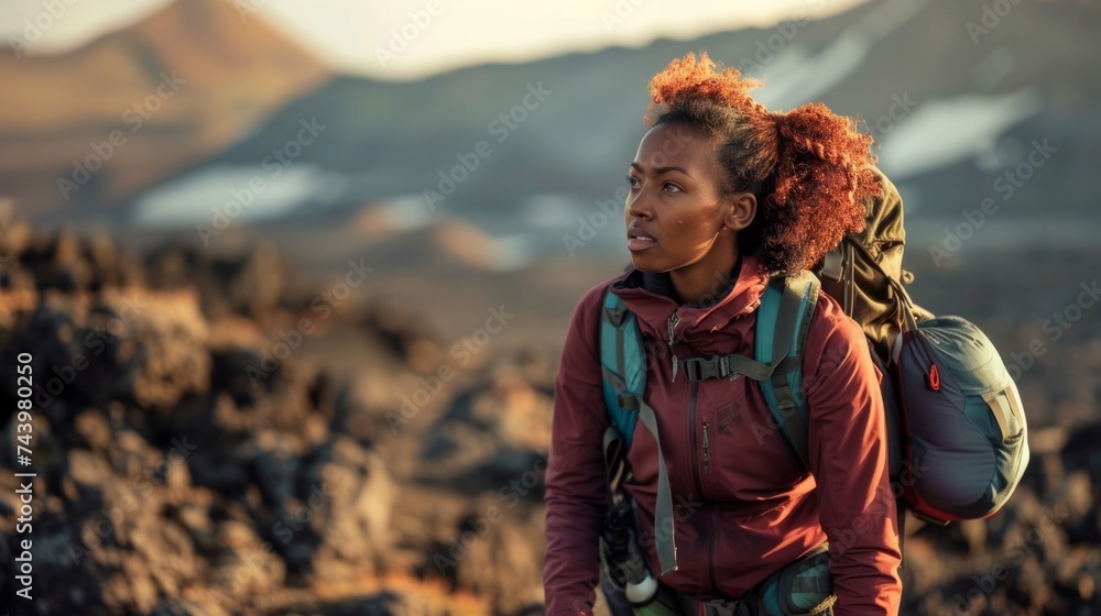 African American Woman hiking in black Volcano surface African American Woman hiking in black Volcano surface