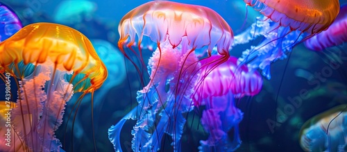 A group of colorful deep sea jellyfish swimming in an aquarium, seen up close.