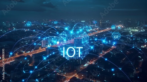 IOT, Internet of things concept, Global Connection Line, line and dot connected on world map background photo