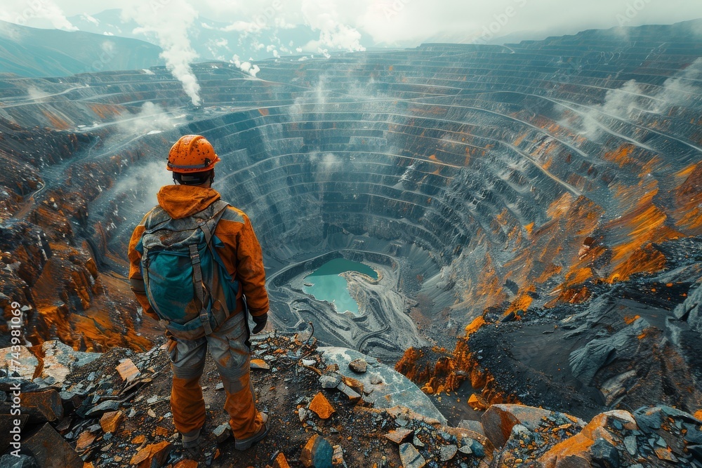 Obraz premium A solitary figure stands atop a rugged peak, surrounded by the vast expanse of the open sky, dressed in earth-toned hiking gear, in awe of the majestic orange volcano crater before them