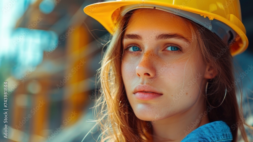 Charming sensual woman on construction site banner with copyspace, beautiful eyes, tender lips, half body photo, professional photo Charming sensual woman on construction site banner with copyspace, beautiful eyes, tender lips, half body photo, professional photo