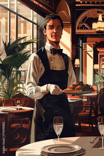 AI illustrazione raffigurante un gentile cameriere, acquarello 02 photo