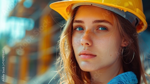 Charming sensual woman on construction site banner with copyspace, beautiful eyes, tender lips, half body photo, professional photo