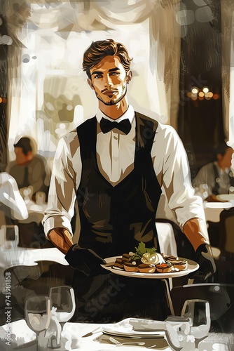 AI illustrazione raffigurante un gentile cameriere, acquarello 01