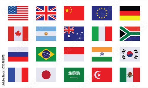 G20 country flags.  brazil, mexico, usa, japan, indonesia, China, korea, canada, france, argentina, saudi arabia, india, germany, south africa, italy, australia, turkey, uk. Vector
