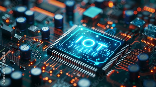 IOT, Internet of things concept, Global Connection Line, Circuit Board, Chip Background, with text "IOT"