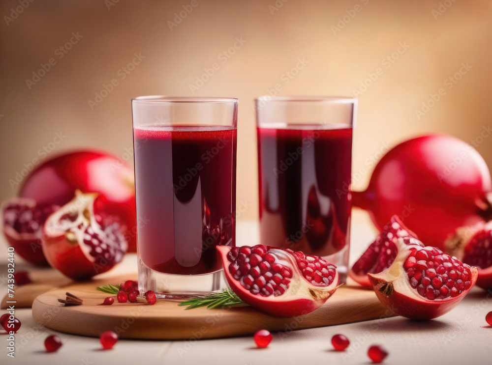 Pomegranate juice with fresh pomegranate fruits on wooden table Pomegranate juice with fresh pomegranate fruits on wooden table