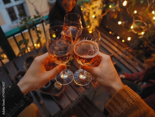 Group of friends toasting wine glasses having fun at restaurant outdoor terrace, close up shoot, top view, professional photo, great atmosphere