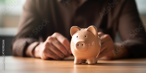 minimalistic design Close up hand of asian young businessman, male putting coin into a piggy ceramic for saving cost, financial plans to spend