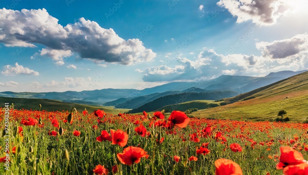 poppy field on a sunny afternoon beautiful countryside with red flowers in mountains bright blue sky with fluffy clouds summer outdoors happy days memories concept