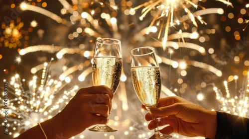 Two hands clink champagne glasses in a celebratory toast, with a spectacular backdrop of dazzling fireworks lighting up the night sky.