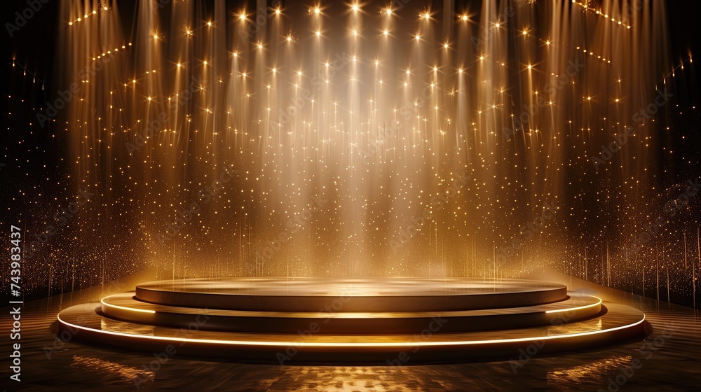 Golden Podium Stage Illuminated by Mesmerizing Hanging Light Lamps - obrazy, fototapety, plakaty 