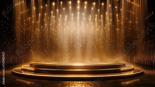 Golden Podium Stage Illuminated by Mesmerizing Hanging Light Lamps photo