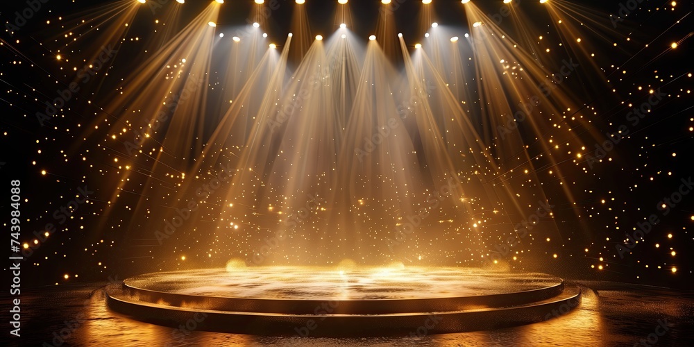 Golden Podium Stage Illuminated by Spotlights at a Prestigious Event - obrazy, fototapety, plakaty 