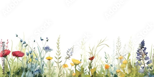 minimalistic design Floral border. The watercolor illustration features assorted wildflowers, grass, and greenery