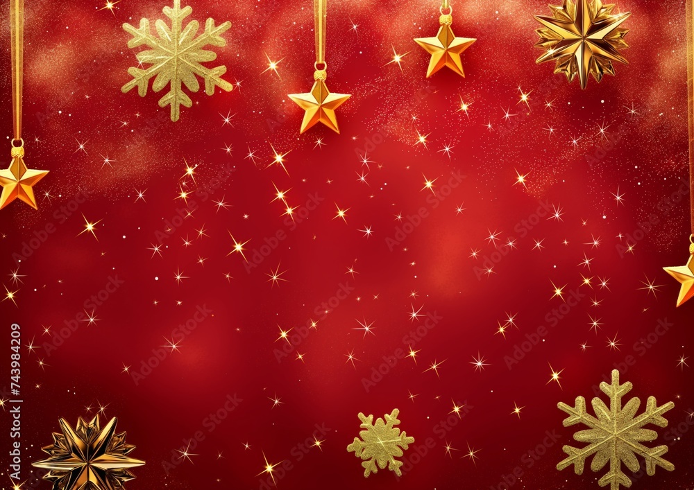 Christmas red background with golden stars and snowflakes, bokeh confetti like style, in the style of red, large canvas paintings, the stars art group pure color, copy space. Christmas red background with golden stars and snowflakes, bokeh confetti like style, in the style of red, large canvas paintings, the stars art group pure color, copy space.