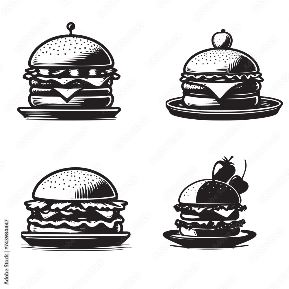 Silhouettes of burger platters is isolated on white background
Silhouettes of burger platters is isolated on white background