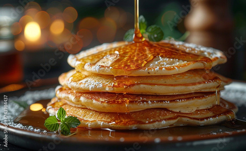 Illustration of a stack of banana pancakes with honey, in the style of a cozy home breakfast, bokeh panorama, ray tracing, looks very tasty. Homemade food. Rustic. photo