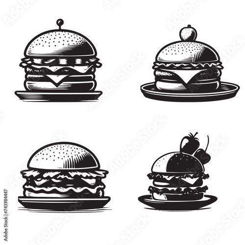 Silhouettes of burger platters is isolated on white background
