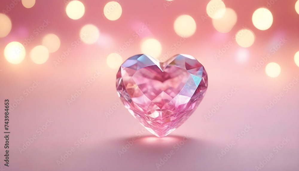 Crystal pink blue heart & bokeh christmas valentine background with copy space, banner, holiday or birthday