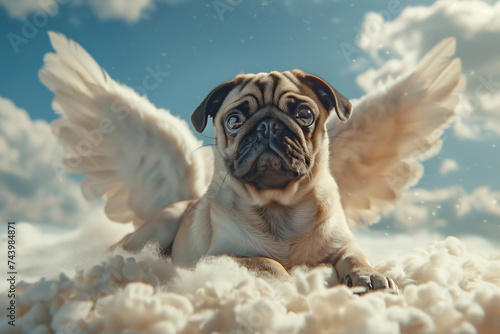 Pug with Angel Wings. Generative AI Image.
 photo