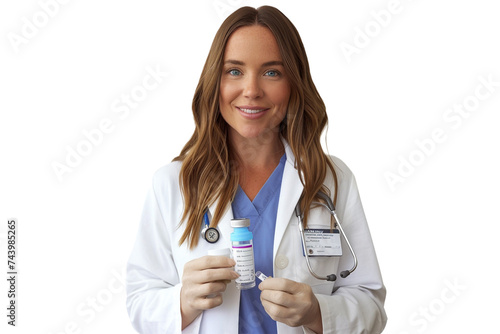 A woman diabetologist wearing a white coat and a blue shirt  holding a glucometer and a insulin pen on a white background. This PNG file  with an isolated cutout object on a transparent background