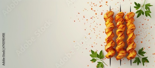 Group of Hweori Gamja Tornado Potato Spiral Potato Skewers Helical Shape. with copy space image. Place for adding text or design photo