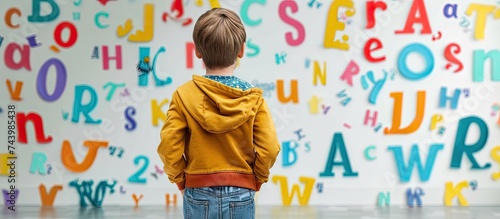Obraz na płótnie Child with dyslexia is standing in front of a whiteboard with many letters in elementary school. with copy space image. Place for adding text or design w salonie