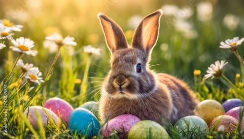 bunny surrounded by easter eggs in the soft sunlit ambiance of a spring field © RichieS