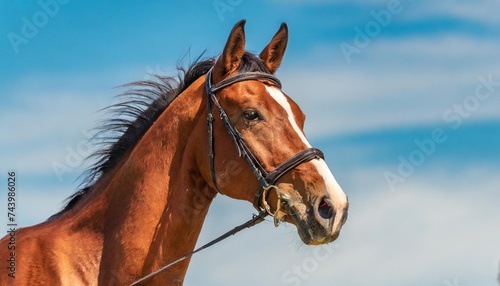 close up of the head of a red horse against the background of a blue sky copy space © RichieS