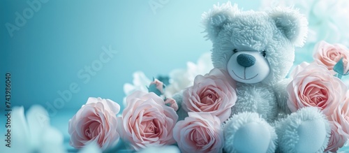 blue teddy bear with pink roses. with copy space image. Place for adding text or design photo