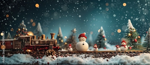Christmas white train and green train miniatures painted wood model Tiny passengers on the carriges snowmen polar citizens in warm hats Fir tree cones artificial snow texture Holiday season art photo