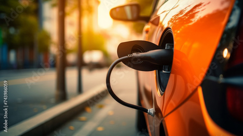 Close-up of an orange electric car charging on a street background with a copy space. Electric motors powered by an independent power source. © liliyabatyrova